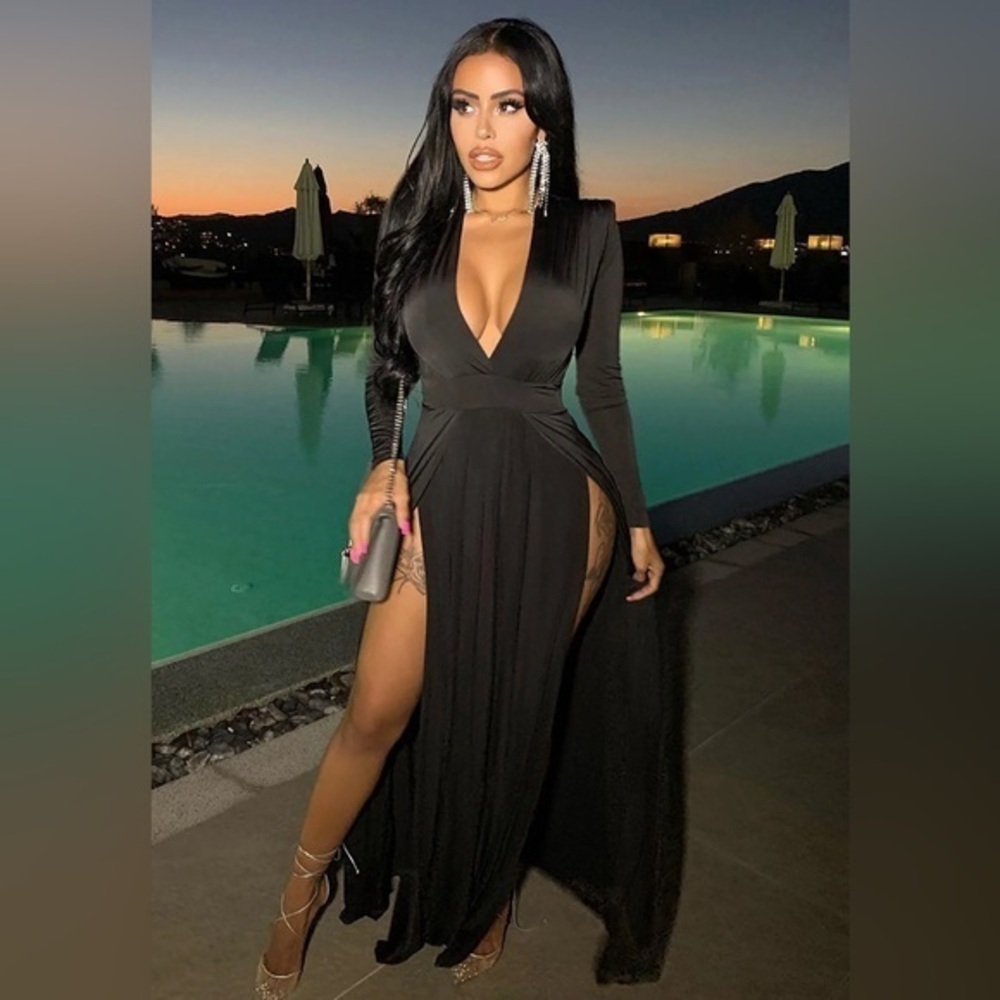 Black Maxi Dress with Two splits Deep V neck long sleeve